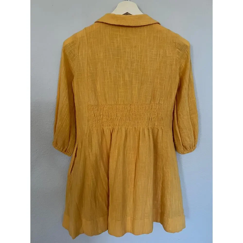 Free People Mini Dress Yellow 100% Cotton Size XS Pockets